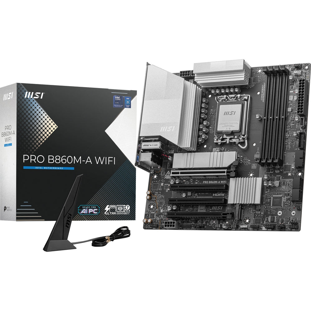 Msi pro b860m-a wifi socket 1851 moederbord (zilver, raid, 5gb-lan, wi-fi 7, bt, sound, µatx)