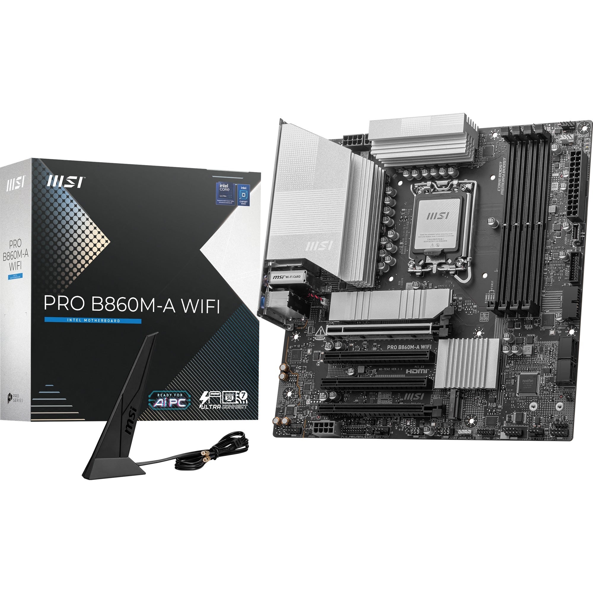 Msi pro b860m-a wifi socket 1851 moederbord (zilver, raid, 5gb-lan, wi-fi 7, bt, sound, µatx)