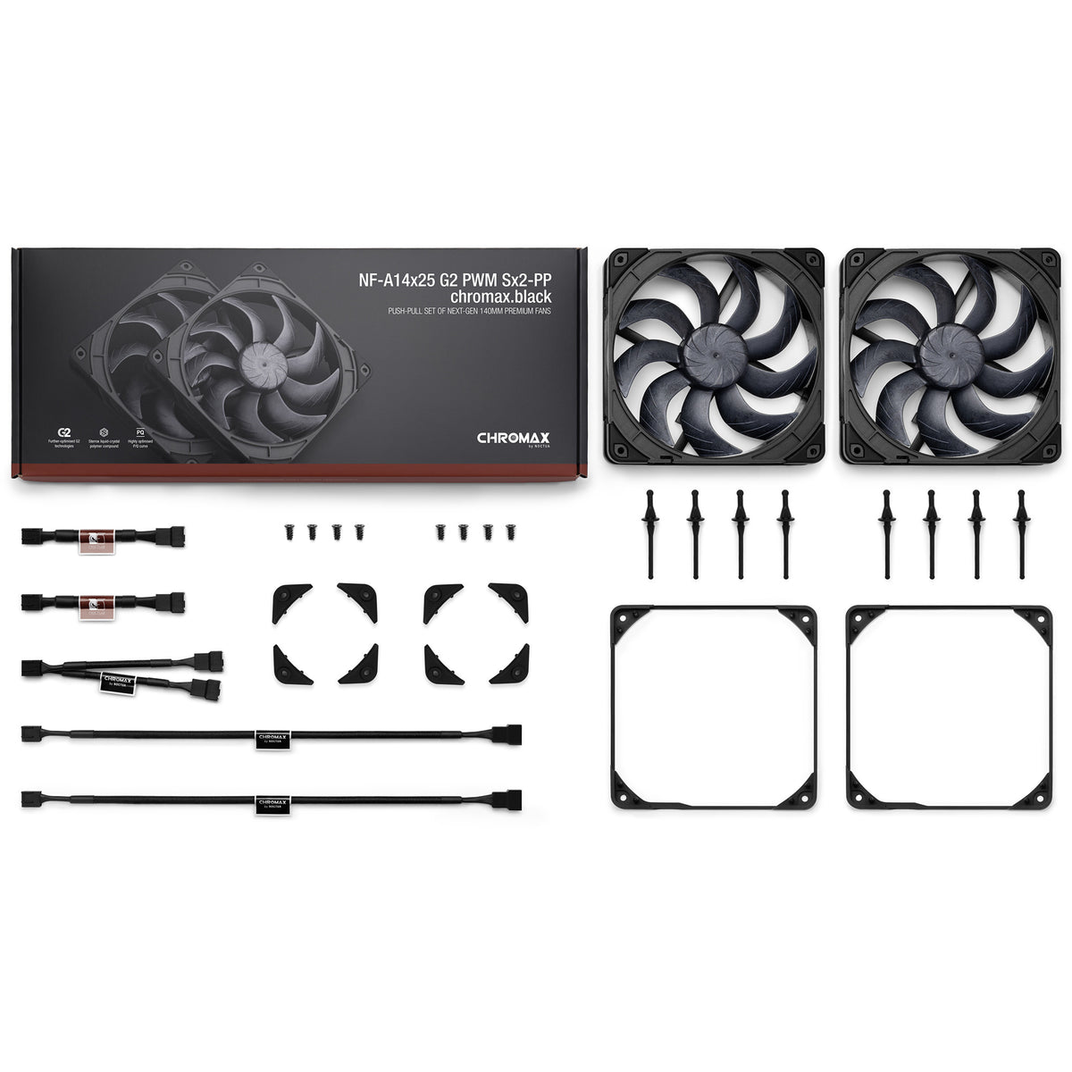 Noctua nf-a14x25 g2 pwm sx2-pp chromax.black case fans (zwart, 2 stuks, 140 x 140 x 25 mm)