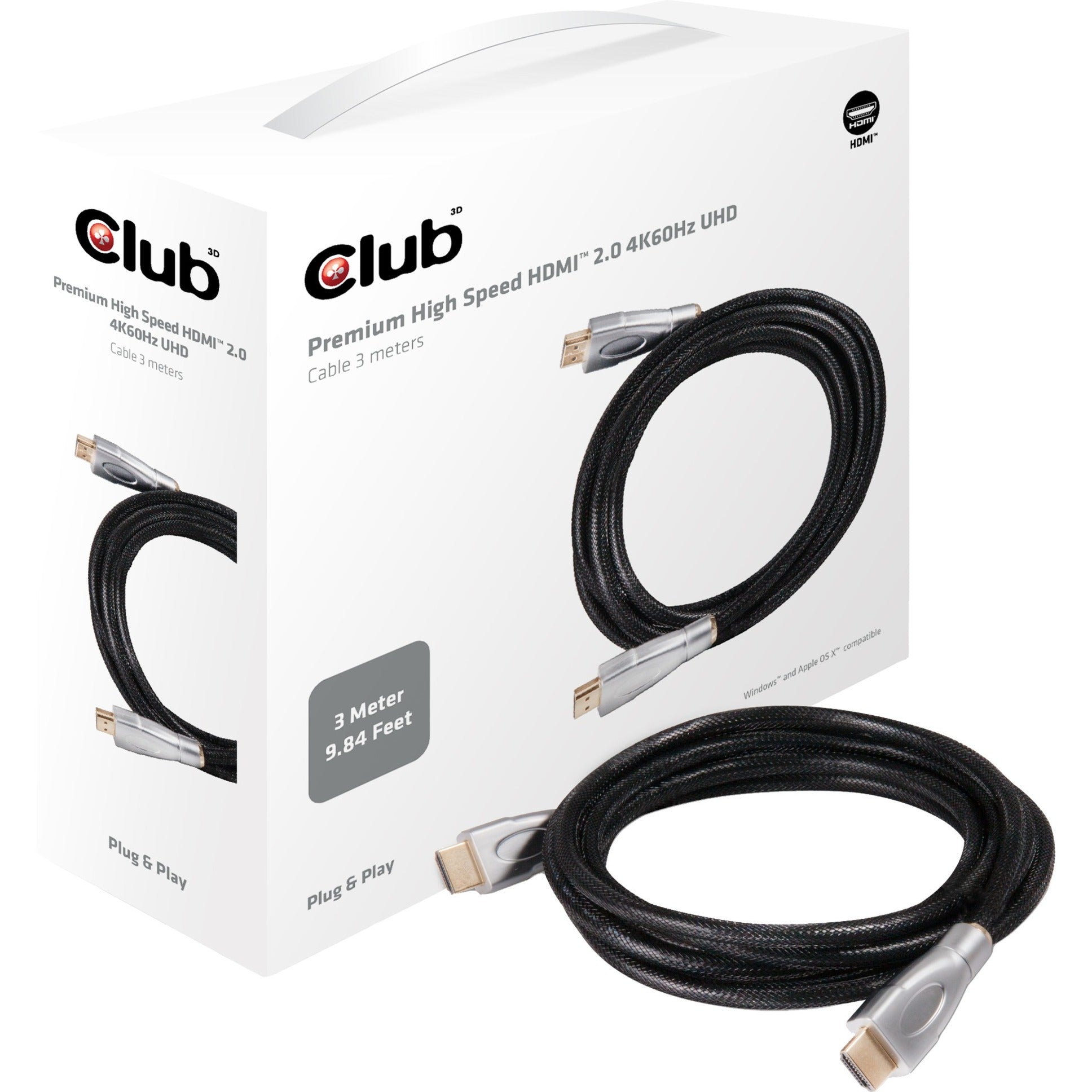 Club 3d premium high speed hdmi 2.0 kabel (3 meter, 4k)