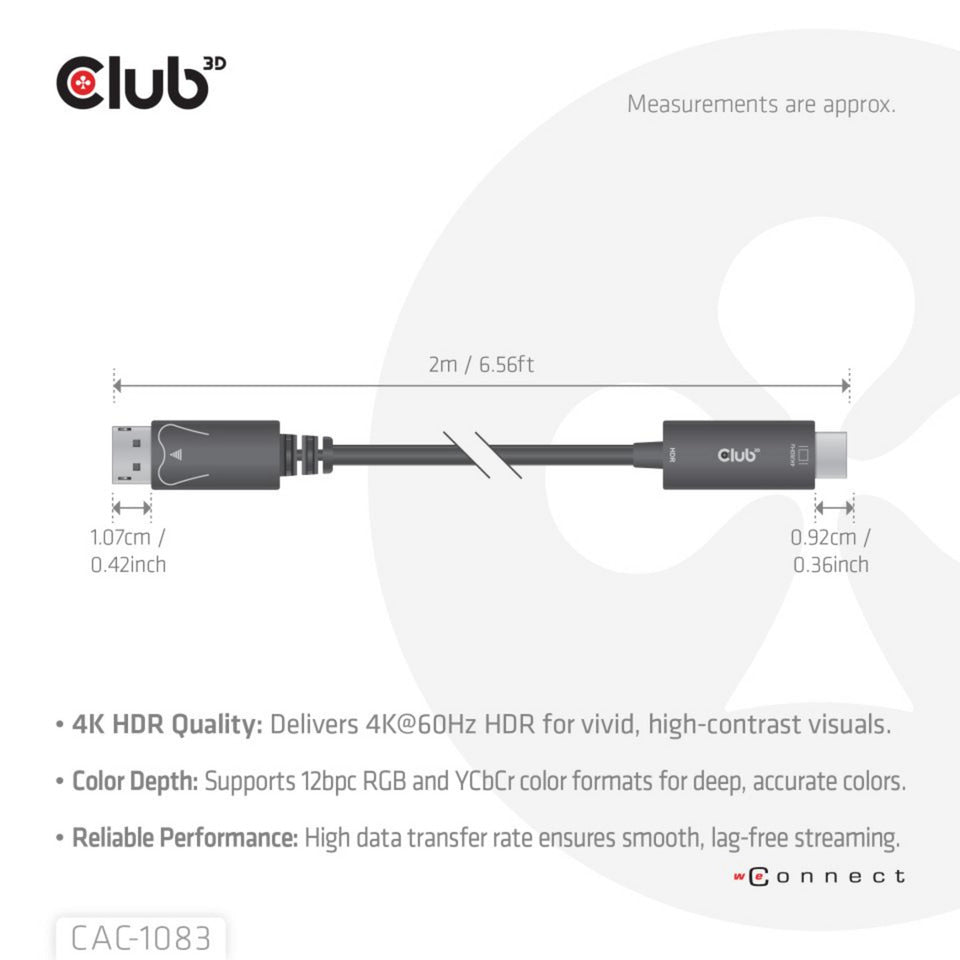 Club 3d displayport 1.4 to hdmi 4k60hz kabel adapter (zwart, hdr m m 2m)