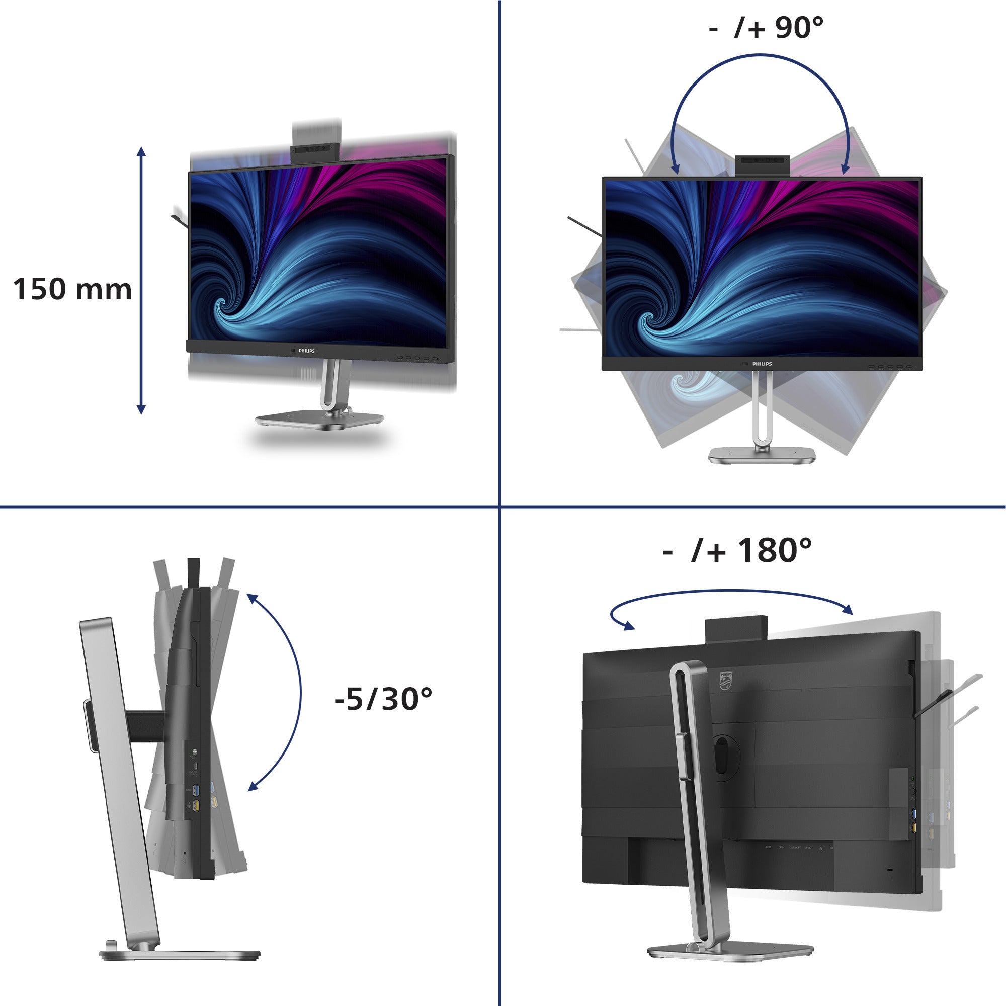 Philips 27b2u4601h 00 27 ledmonitor (zilver zwart, hdmi, displayport, usb-c, webcam, 120 hz)