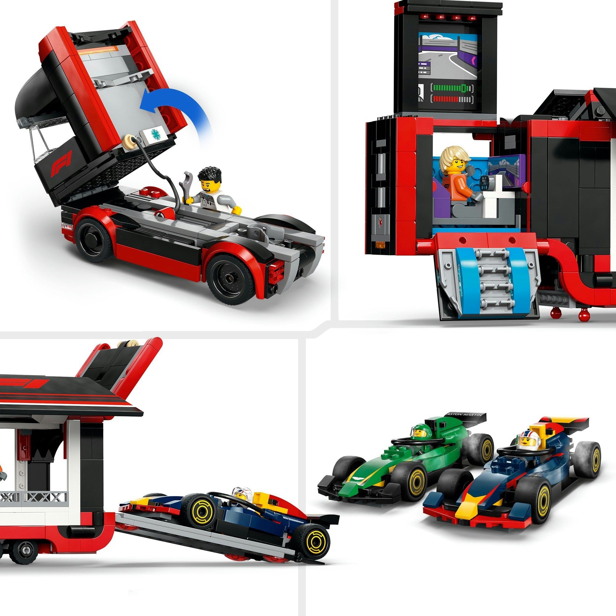Lego city 60445 f1 vrachtwagen met rb20 en amr24 f1 auto's