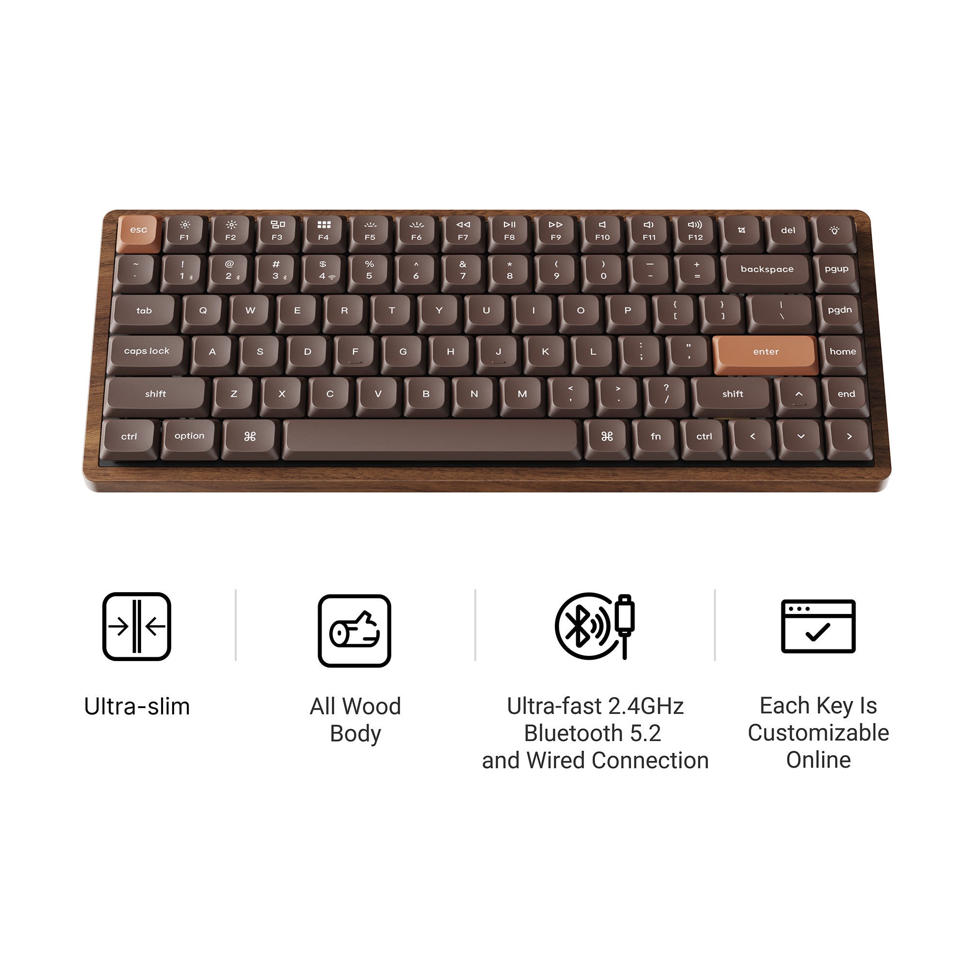 Keychron k3 max-h3w all-wood special edition rgb mechanisch toetsenbord (houtkleur, us lay-out (qwerty), milk pom brown, 75%, rgb leds, double-shot pbt, hot swap, 2.4ghz | bluetooth 5.1 | usb-c)