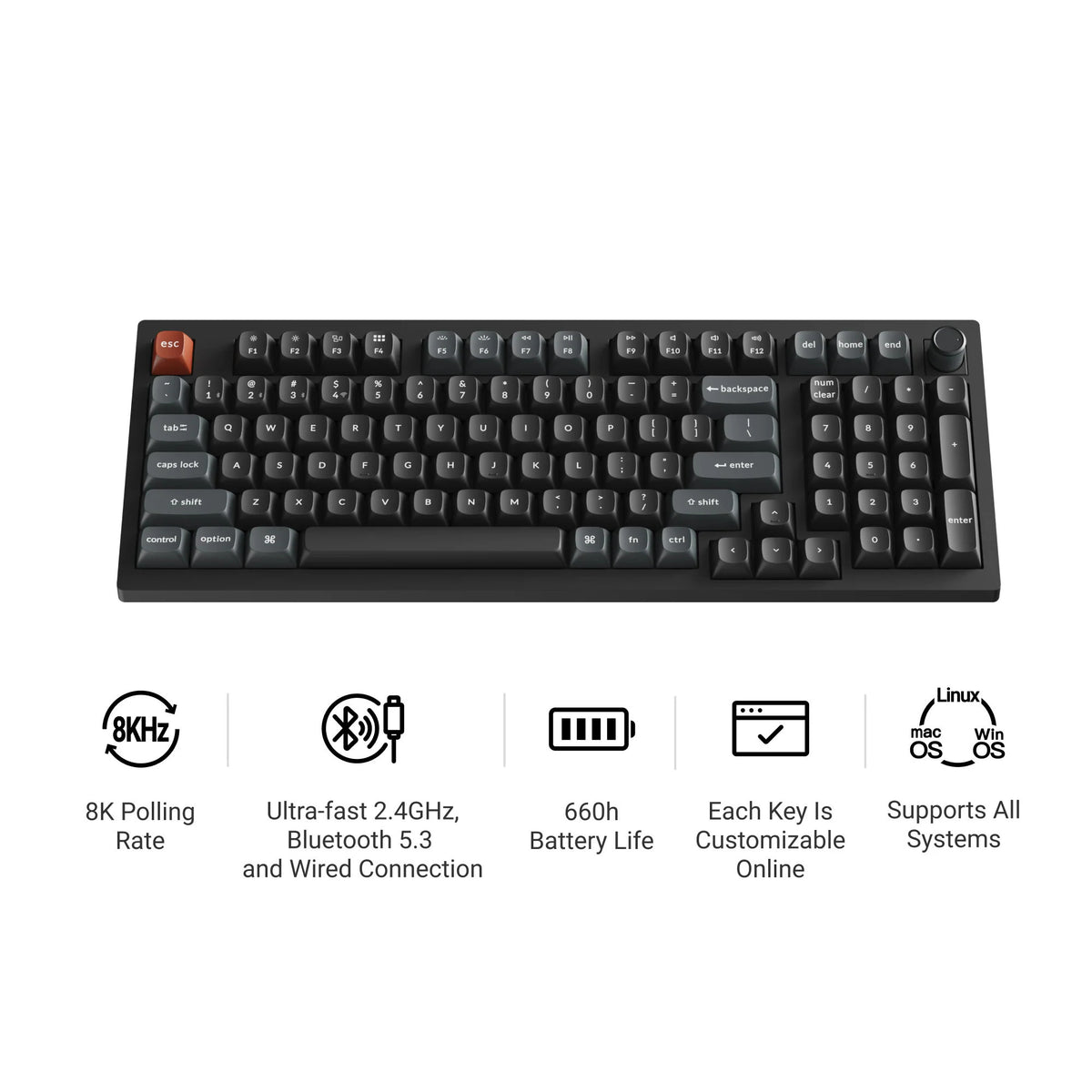 Keychron v5 ultra 8k wireless custom mechanical keyboard (zwart, us lay-out (qwerty), silk pom brown, 96%, rgb, hot swap, 2.4 ghz | bluetooth 5.3 | usb-c)
