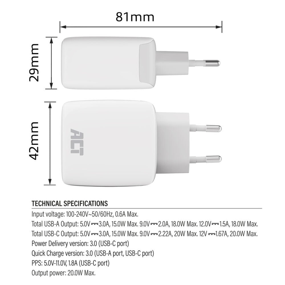 ACT Connectivity USB-C USB-A lader 20W met Levering PPS, Qu