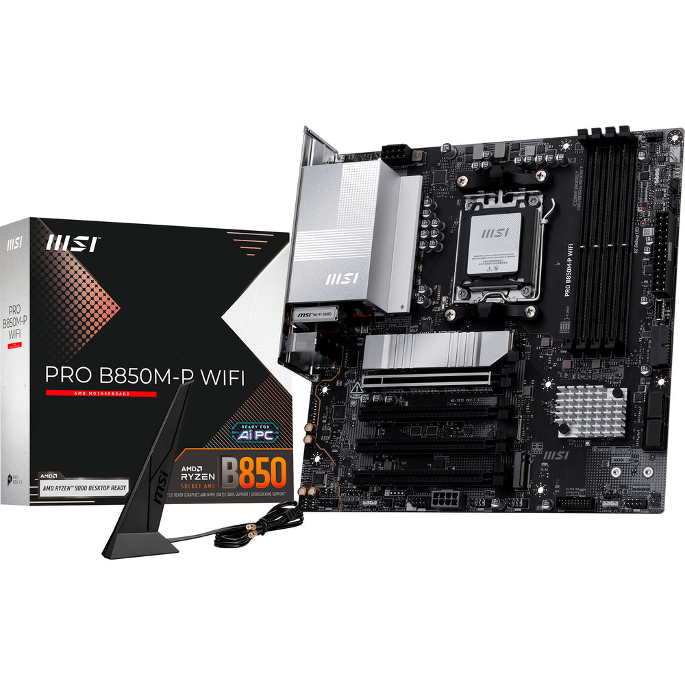Msi pro b850m-p wifi socket am5 moederbord (zwart zilver, raid, 5gb-lan, wi-fi 7, bt, sound, µatx)