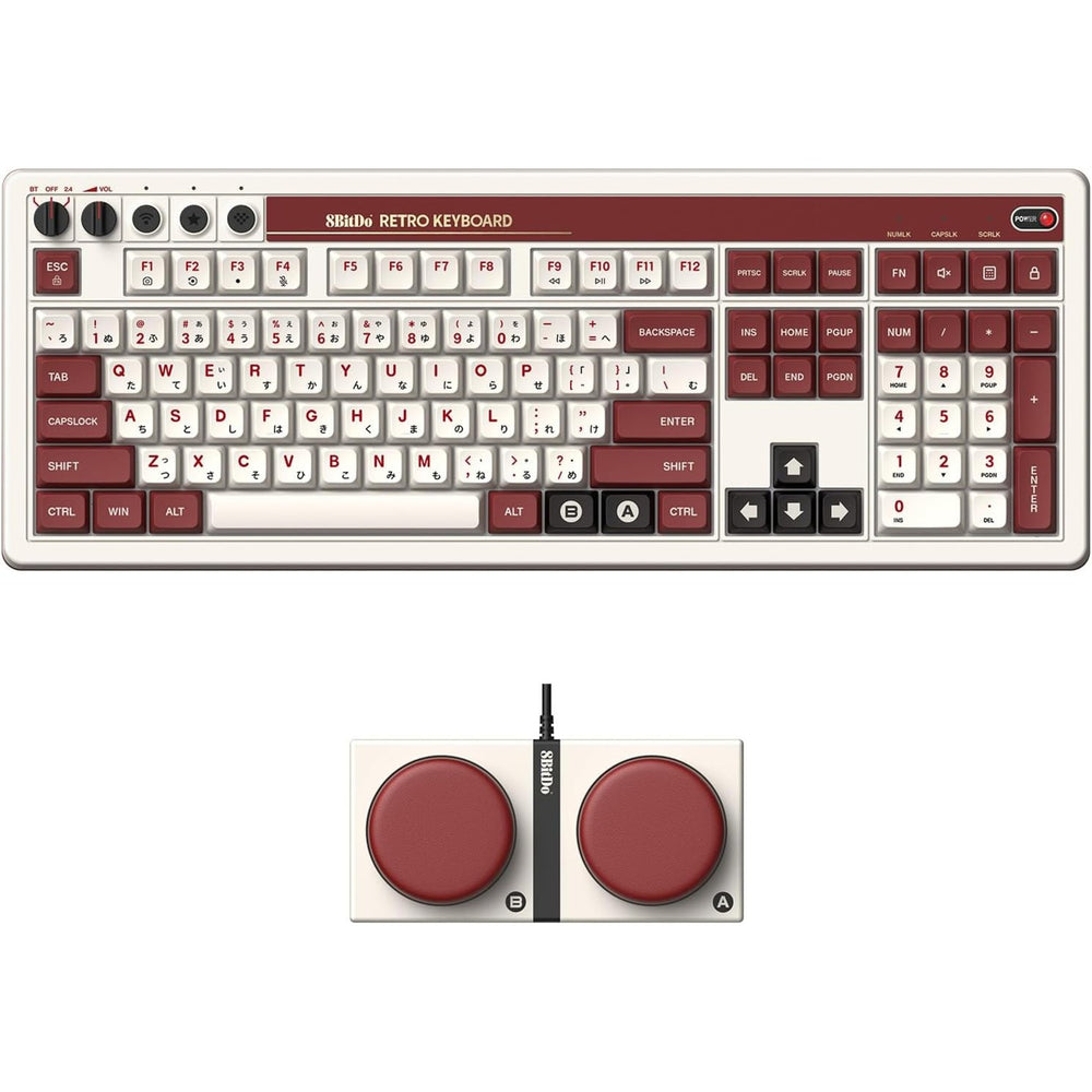 8bitdo retro mechanical keyboard fami edition (beige, us lay-out (qwerty), kailh box white, 100%, bluetooth low energy, wireless 2.4g, usb)