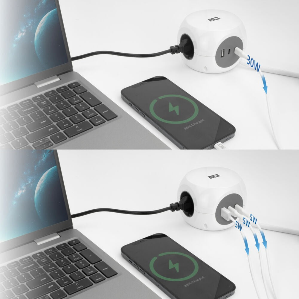 Act connectivity act stekkerdoos kubus met 3 stopcontacten, 30w power delivery usb-c a poorten, kabellengte 1,5m ac2420