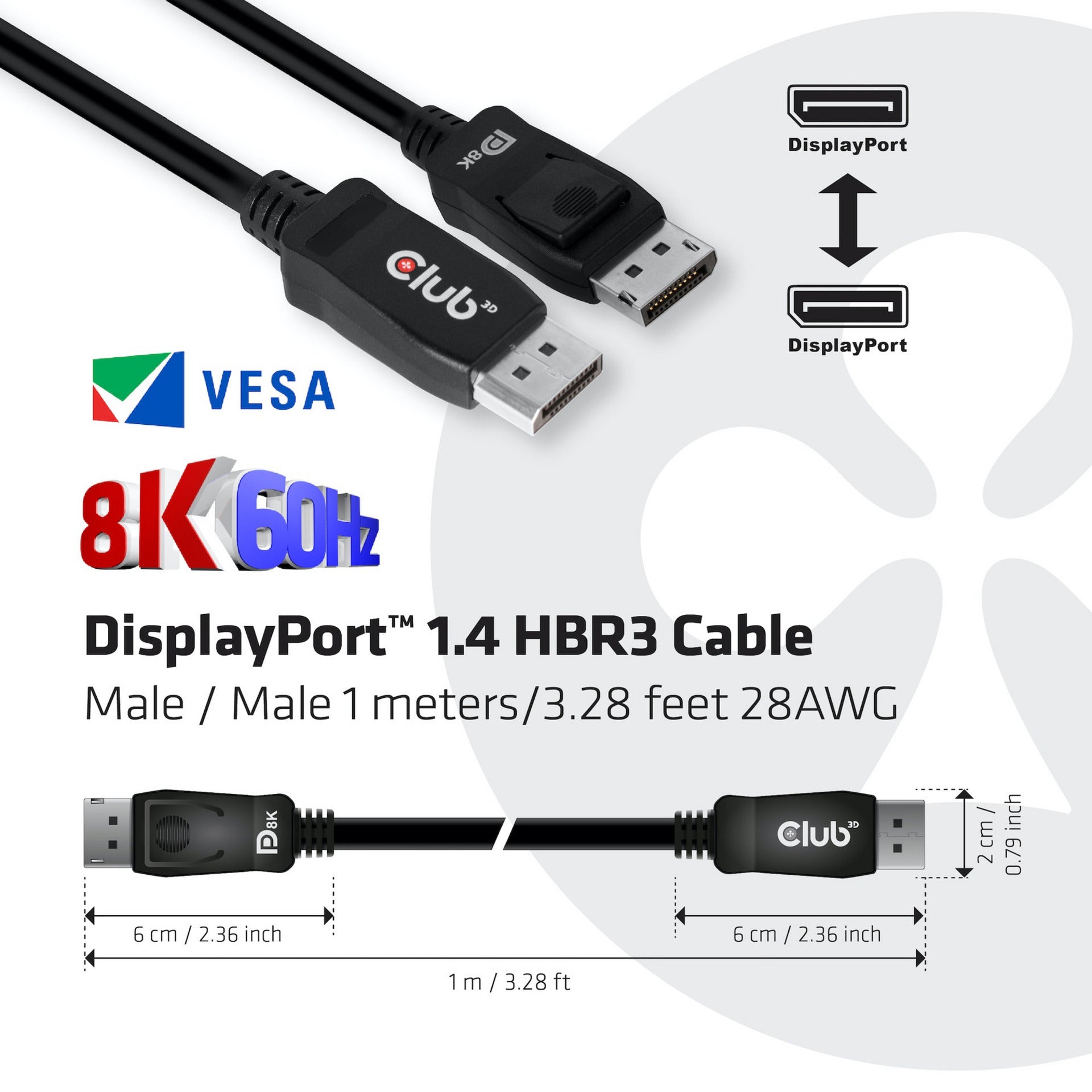 Club 3D DisplayPort 1.4 HBR3 Cable (Black, 1 Meter, 8K)