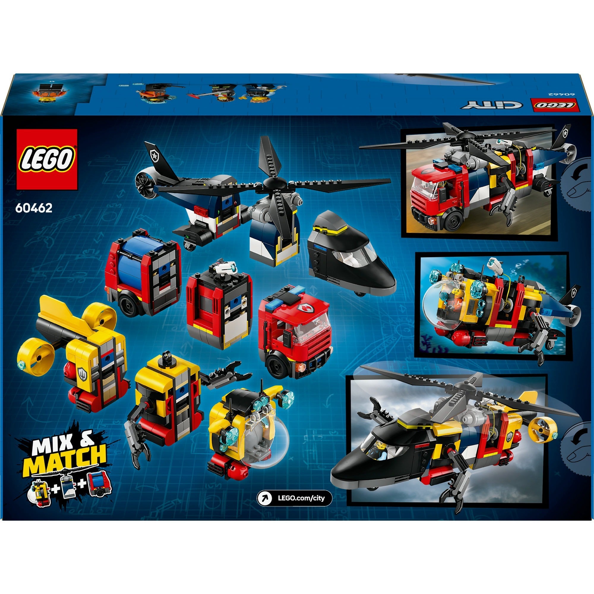 Lego city - helikopter, brandweerauto en onderzeeër remix constructiespeelgoed (60462 | set van 3 modulaire voertuigen)