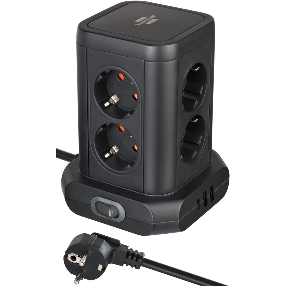 Brennenstuhl stekkerdoos toren met 8 stekkerdozen in 45° opstelling stekkerdoos (zwart, 2x usb a, 1x usb c power delivery)