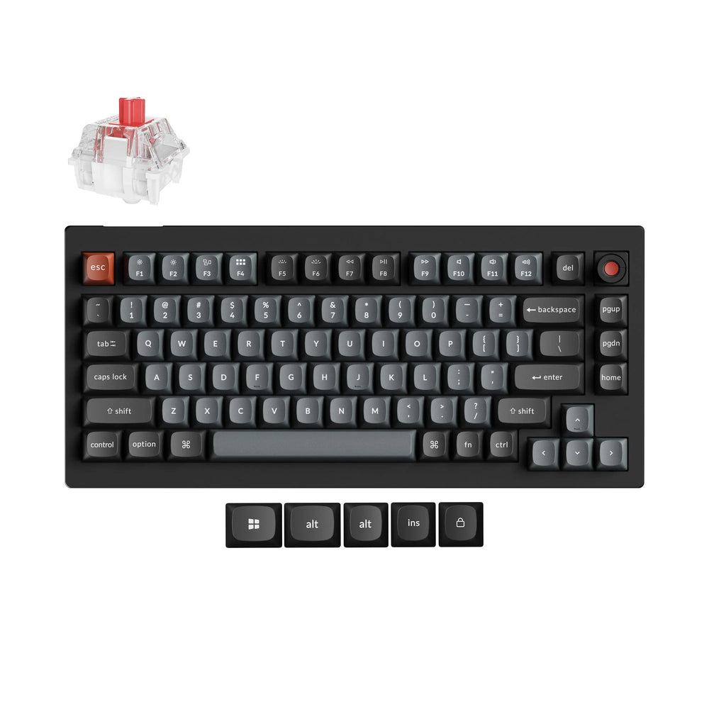Keychron v1w-d1 8k qmk wired custom mechanical keyboard (zwart, us lay-out (qwerty), super red, 75%, rgb leds, double-shot pbt, hot swap, 8k, knop)