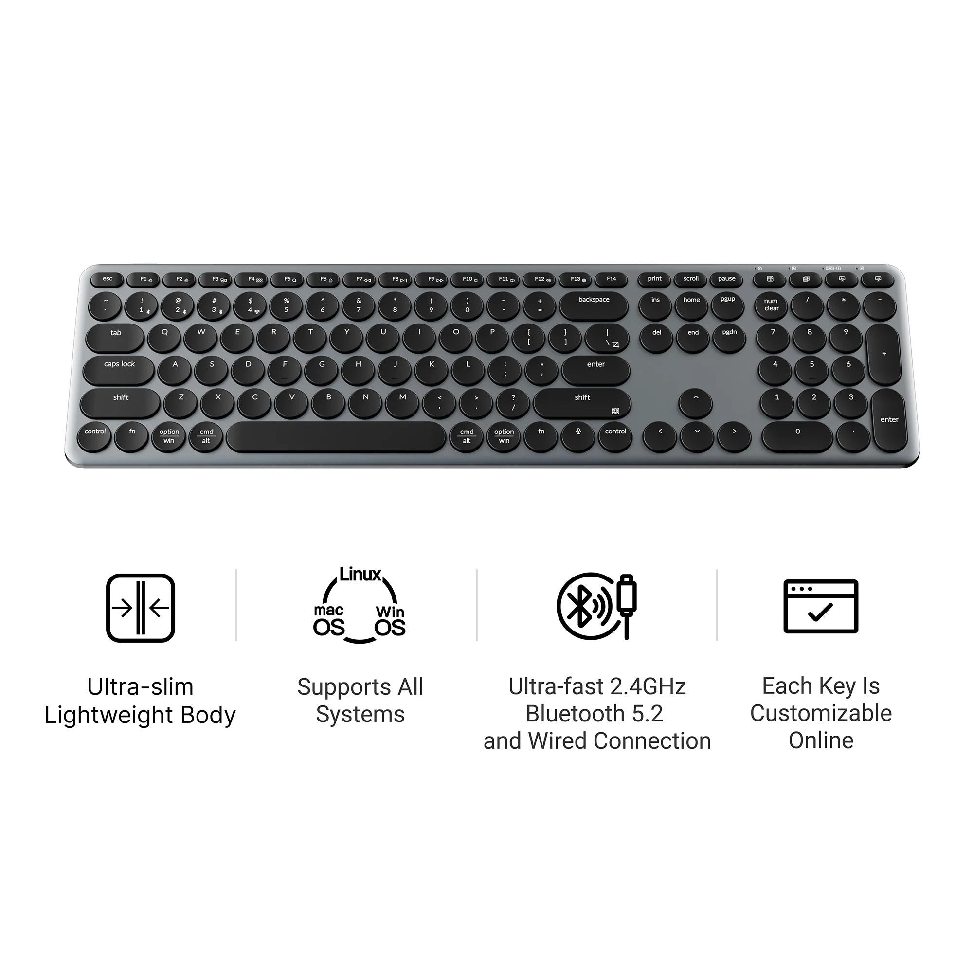 Keychron b5 pro-k8 toetsenbord (wit, us lay-out (qwerty), scissor switches, 100%, abs keycaps, 2.4 ghz bluetooth usb)