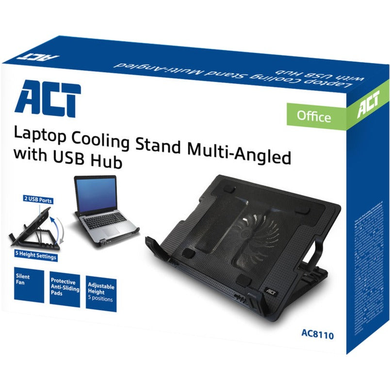 Act connectivity ac8110 laptopstandaard laptopkoeler (zwart, tot 17 in hoogte verstelbaar, 2-poorts hub)