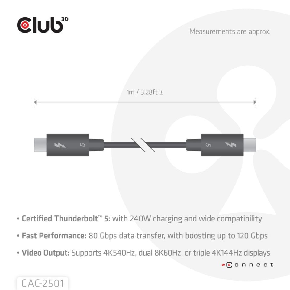 Club 3d gecertificeerde thunderbolt 5 kabel (zwart, 1 meter, 240 w)