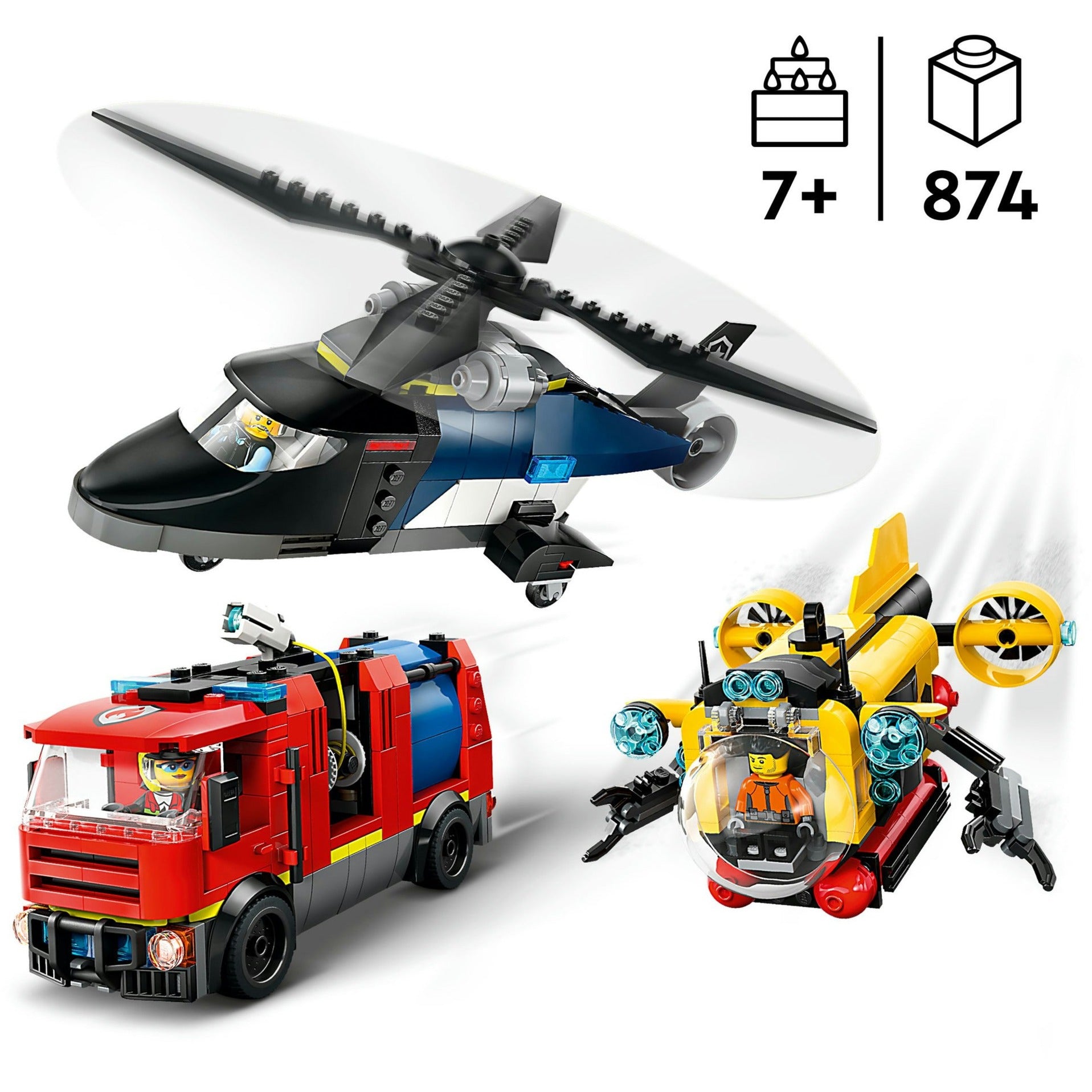 Lego city - helikopter, brandweerauto en onderzeeër remix constructiespeelgoed (60462 | set van 3 modulaire voertuigen)