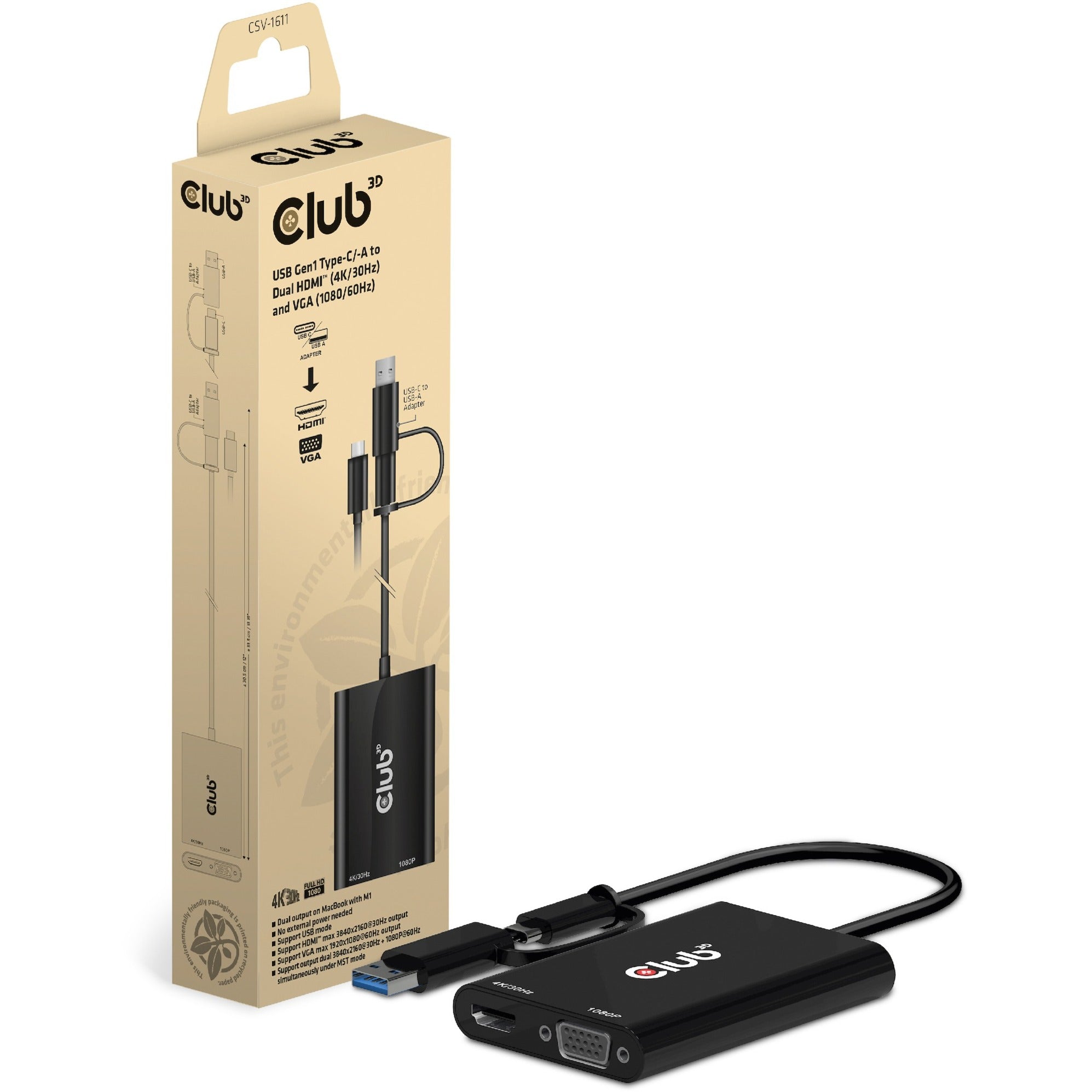 Club 3D USB-C USB-A 3.2 Gen 1 to 2x HDMI + VGA Adapter (Black)