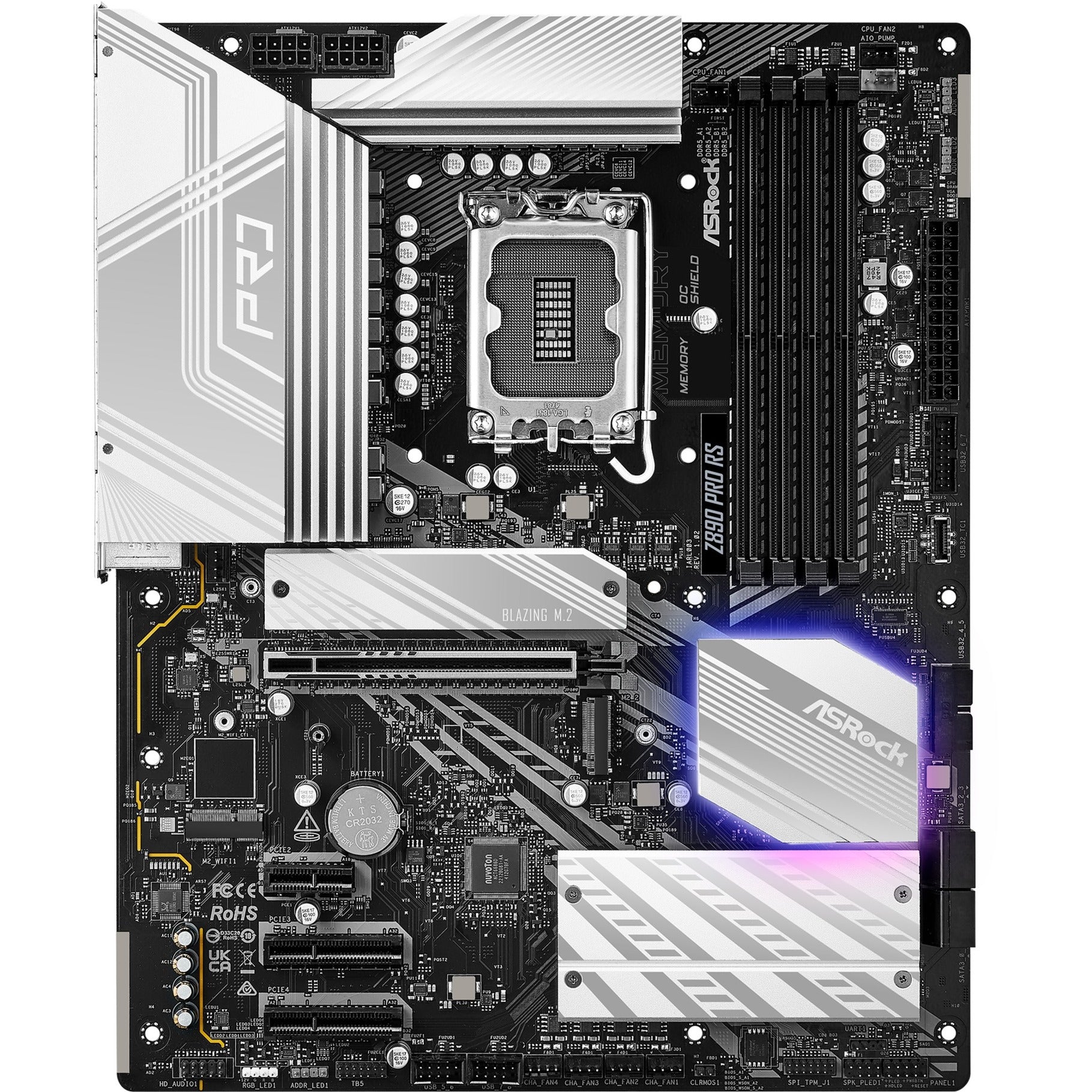 Asrock z890 pro rs socket 1851 moederbord (zwart wit, raid, 2.5 gb-lan, sound, atx)