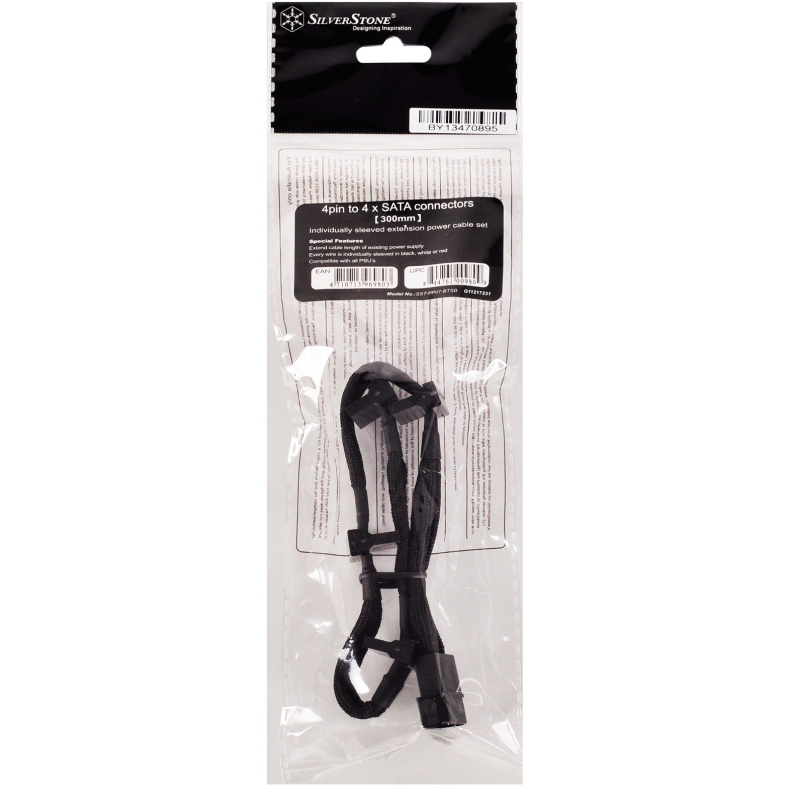 Silverstone adapter 4-pin molex > 4x 15-pin sata (zwart, pp07-btsb)