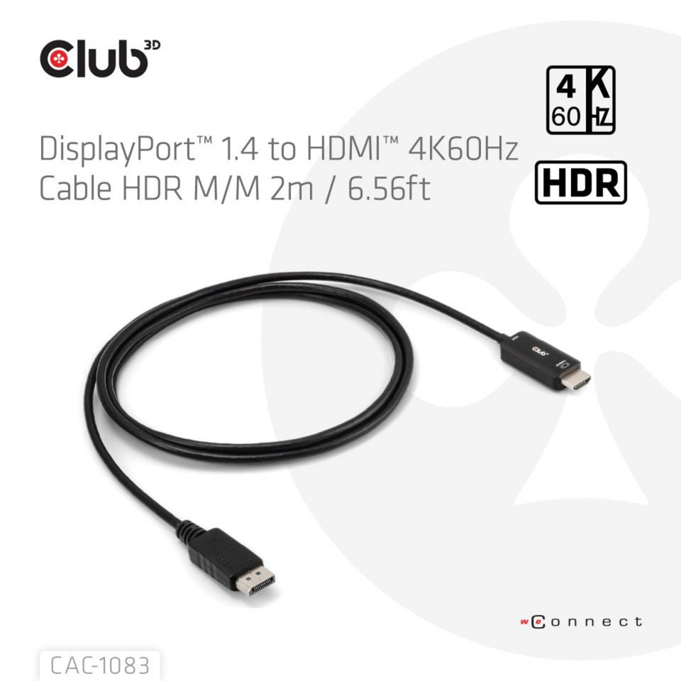 Club 3d displayport 1.4 to hdmi 4k60hz kabel adapter (zwart, hdr m m 2m)