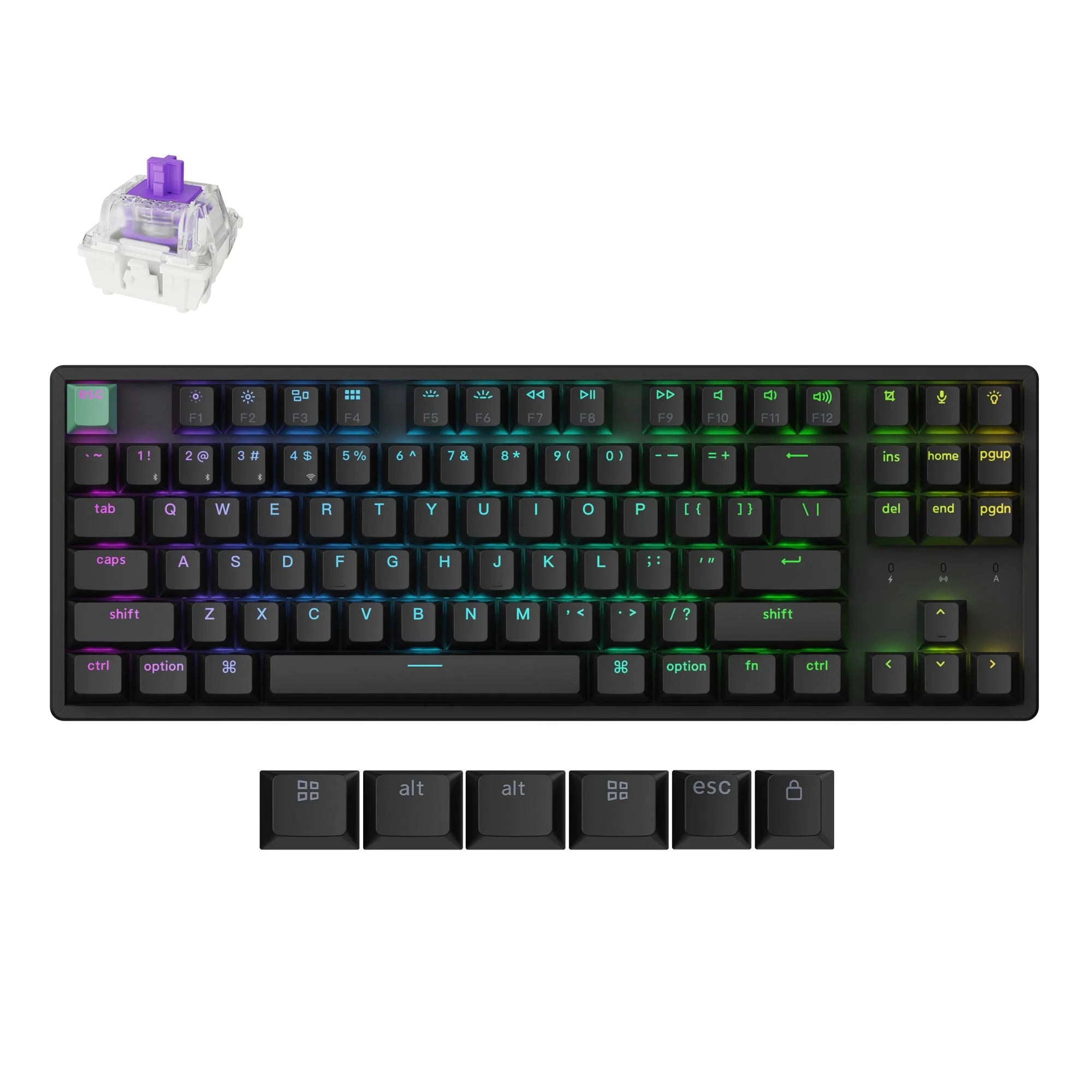 Keychron k8 he-j1 rgb mechanisch toetsenbord (zwart, us lay-out (qwerty), gateron double-rail magnetic nebula, 80% (tkl), rgb leds, cherry double-shot pbt, hot swap, usb-c | 2.4 ghz | bluetooth 5.1)