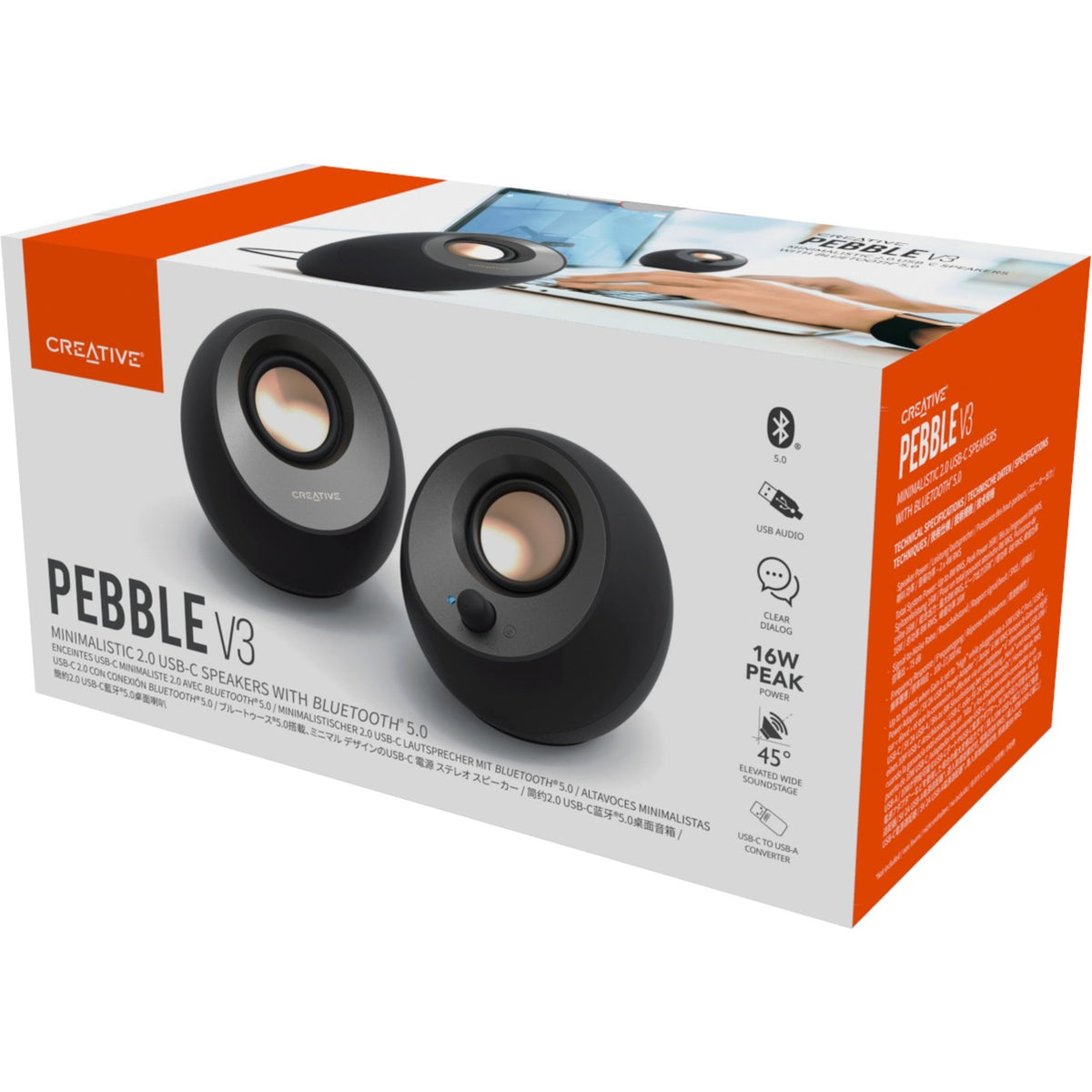 Creative pebble v3 pc-luidspreker (zwart, bluetooth, usb-c, aux)