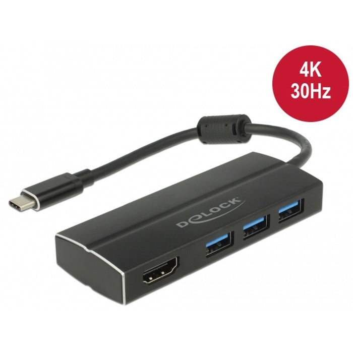 Delock usb-c 3.1 > 3x usb-a 3.0 hub + hdmi usb-hub (zwart, 0,15 meterr, 4k)