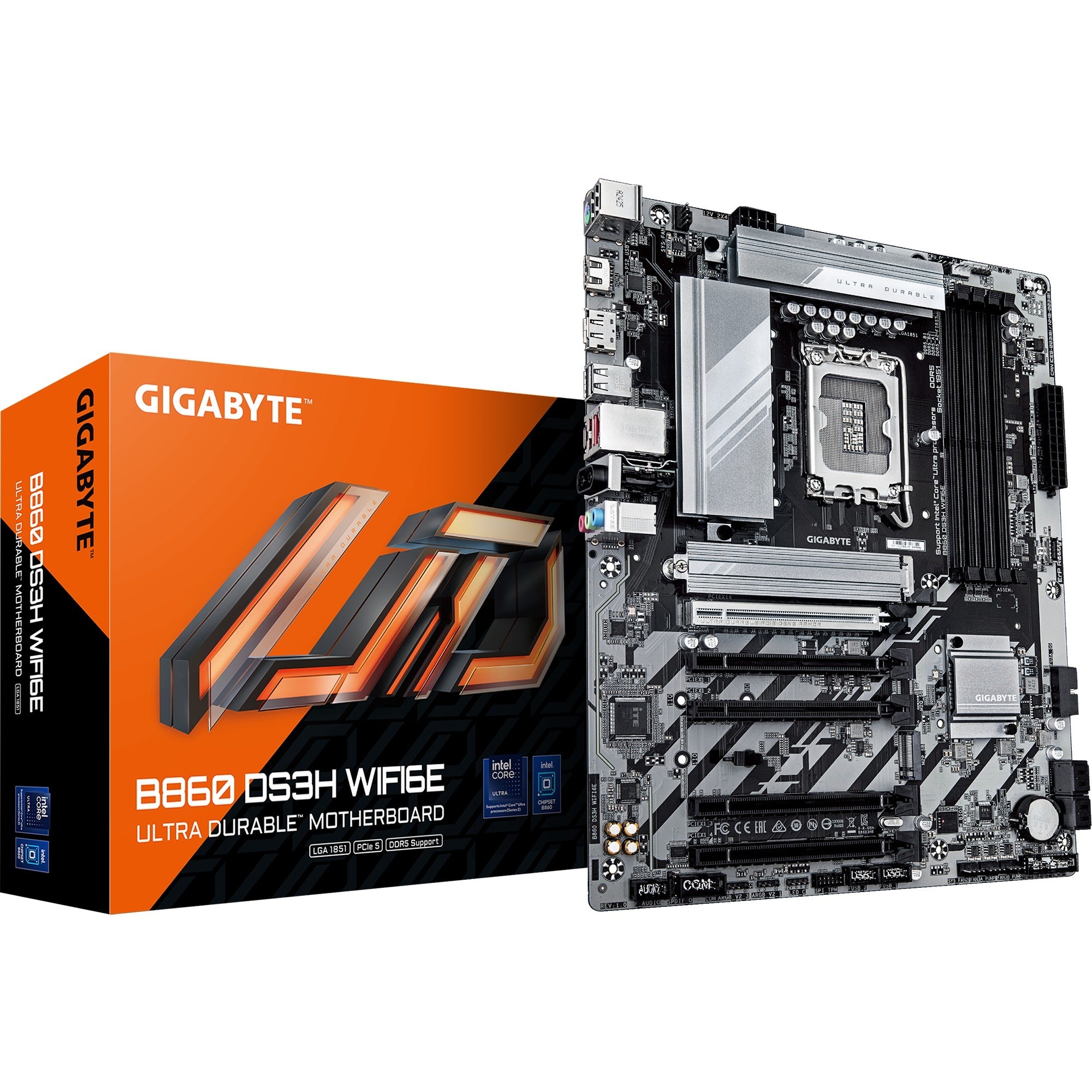 Gigabyte b860 ds3h wifi6e socket 1851 moederbord (zilver zwart, raid, 2.5gb-lan, wi-fi 6e, bt, sound, atx)