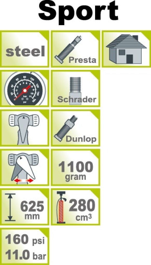 Pompe à pied haute pression IceToolz 240A451 avec manomètre 160PSI - acier