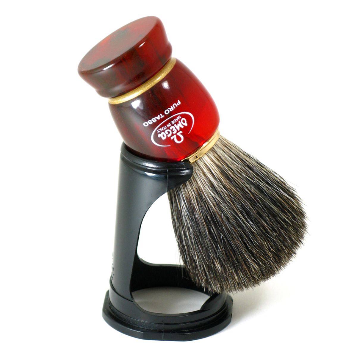 Omega scheerkwast 100% black badger hars handvat + standaard 10cm