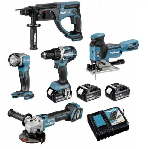 Makita dlx5044tj | lxt accu combiset 18v boorhamer + decoupeerzaag + haakse slijper + lamp + boormachine in koffer (3x 5.0ah accu + lader) - dlx5044tj