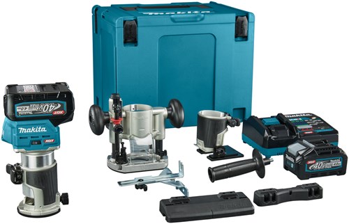 Makita rt001gm206 boven- en kantenfrees | 40 v max | 2 x 4.0 ah accu + snellader | incl. diverse voeten + geleiderail adapter | in mbox - rt001gm206