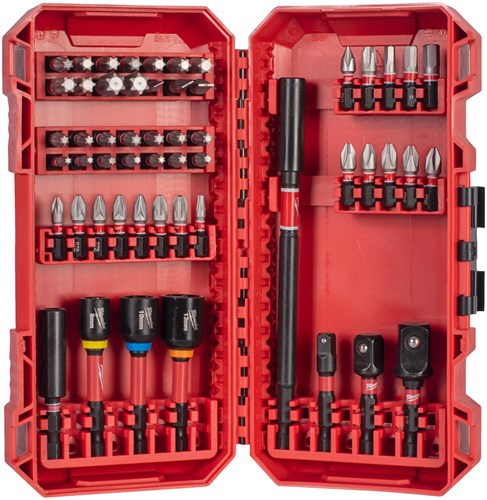 Milwaukee accessoires milwaukee bitset | shockwave | packout ready box | 43x 25mm adapter | 1 4 -sq 3 8 -sq 1 2 -sq | 3x doppen | 60mm 150mm bithouders - 4932500389