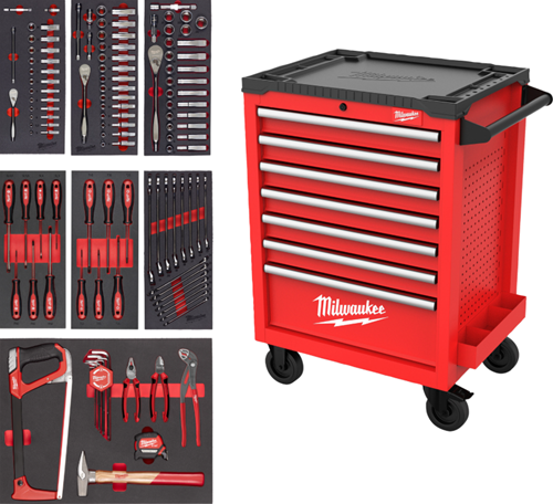 Milwaukee gereedschapswagen gevuld | toolguard™ | 27 69 cm | universele tools (131-delig) - 4932499182