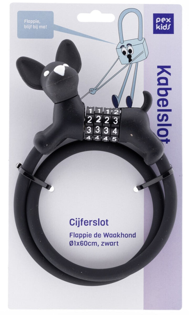 Pexkids cijfer kabelslot zwart flappie de waakhond silicone