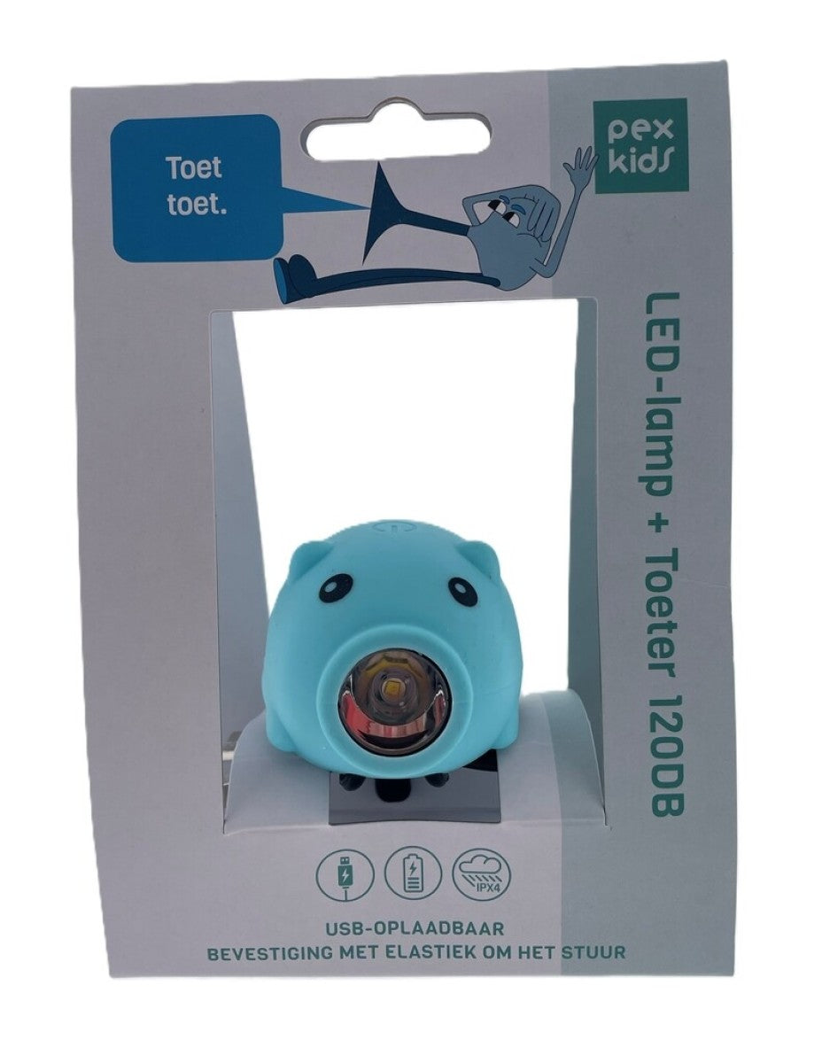 Pexkids fietstoeter varken met led lamp usb blauw