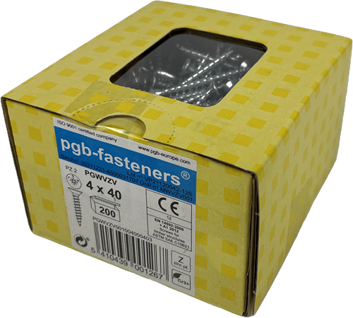 Pgb-europe pgb-fasteners | spaanplaatschroef ø 4,0x40 mm pozidrive pz2 - voldraad verzinkt | 200 st - pgwvzv001004000403