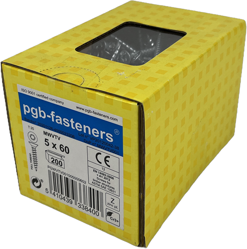 Pgb-europe pgb-fasteners universele spaanplaatschroef vk-t voldraad verzonken kop ø5,0x60 zn tx20 | 200 st | pgwvtv001005000602