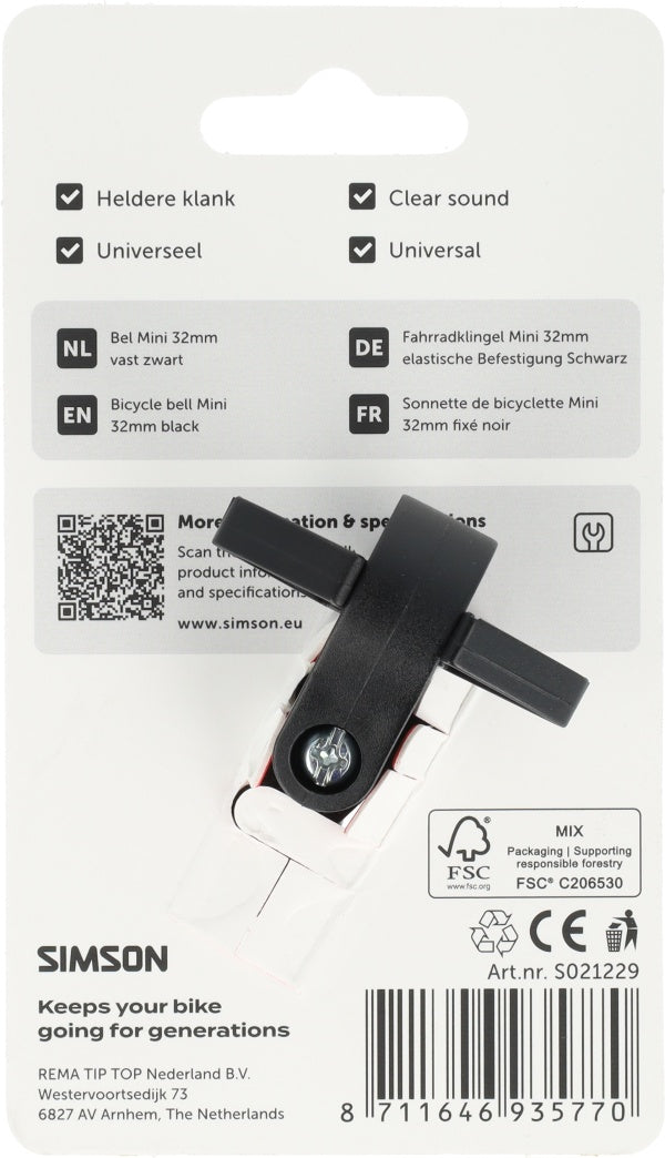 Simson fietsbel mini 32mm vaste kunststof bevestiging zwart