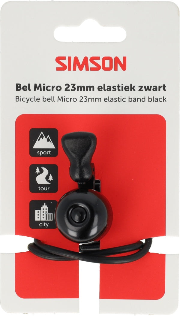 Simson fietsbel micro 23mm rubber elastiek bevestiging zwart