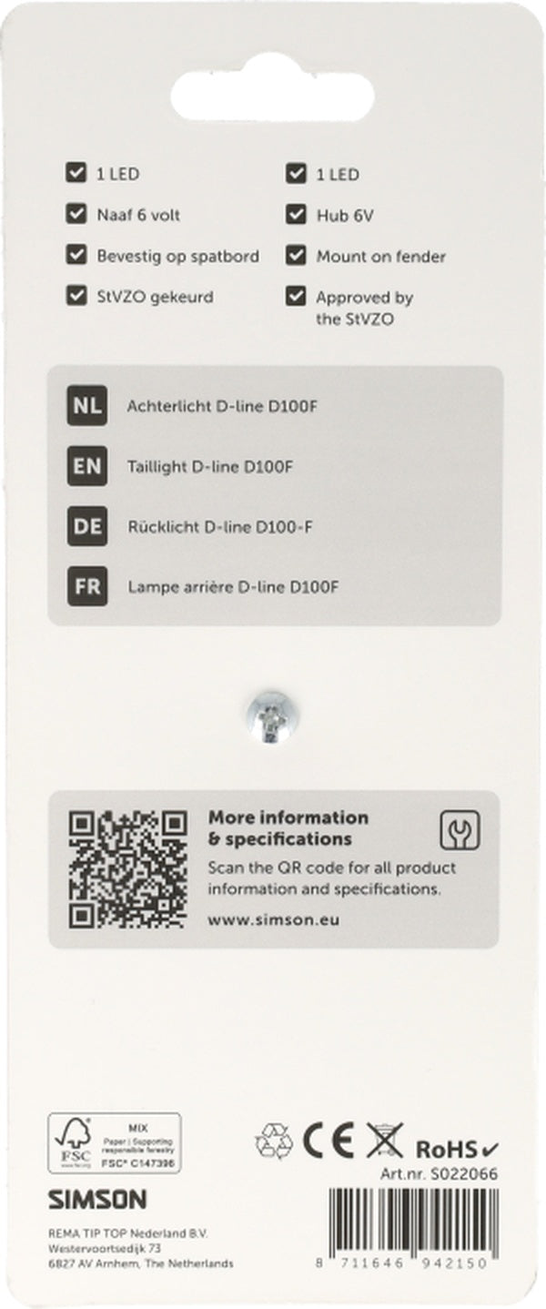 Simson aurora achterlicht d-line d100f naafdynamo