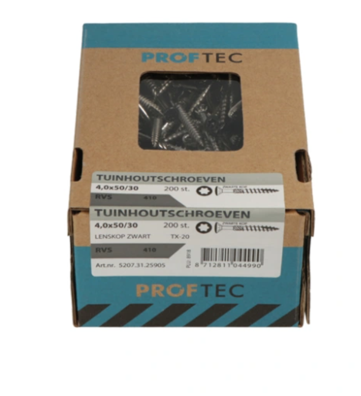 Proftec tuinhoutschroef rvs-410 lk zwarte kop +snijpunt torx tx25 5.0x50 30 | 200 stuks - 5207.31.41905