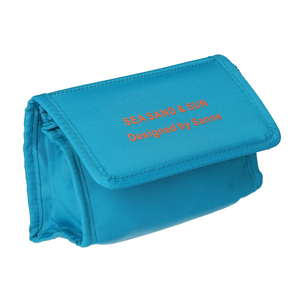 Traveller spiegeltas zee, zand zon blauw oranje 16,5cm x 11cm