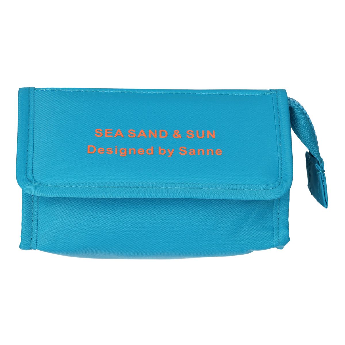 Traveller spiegeltas zee, zand zon blauw oranje 16,5cm x 11cm