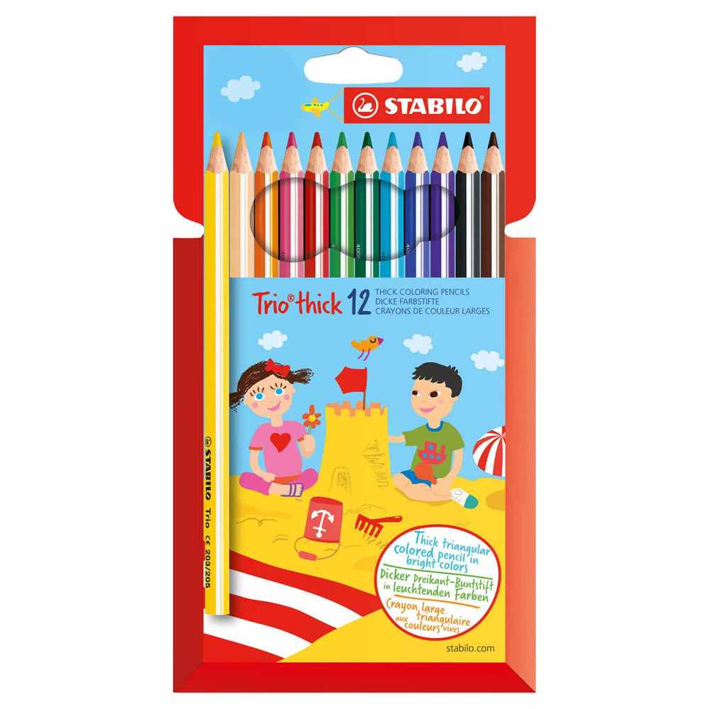Stabilo trio thick - driekantige kleurpotloden met extra dikke kern 4,2 mm - etui met 12 kleuren