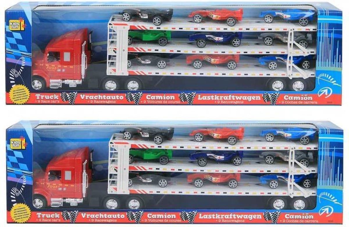 Jonotoys grote vrachtauto met oplegger en 9 race auto's er op 58 cm lang