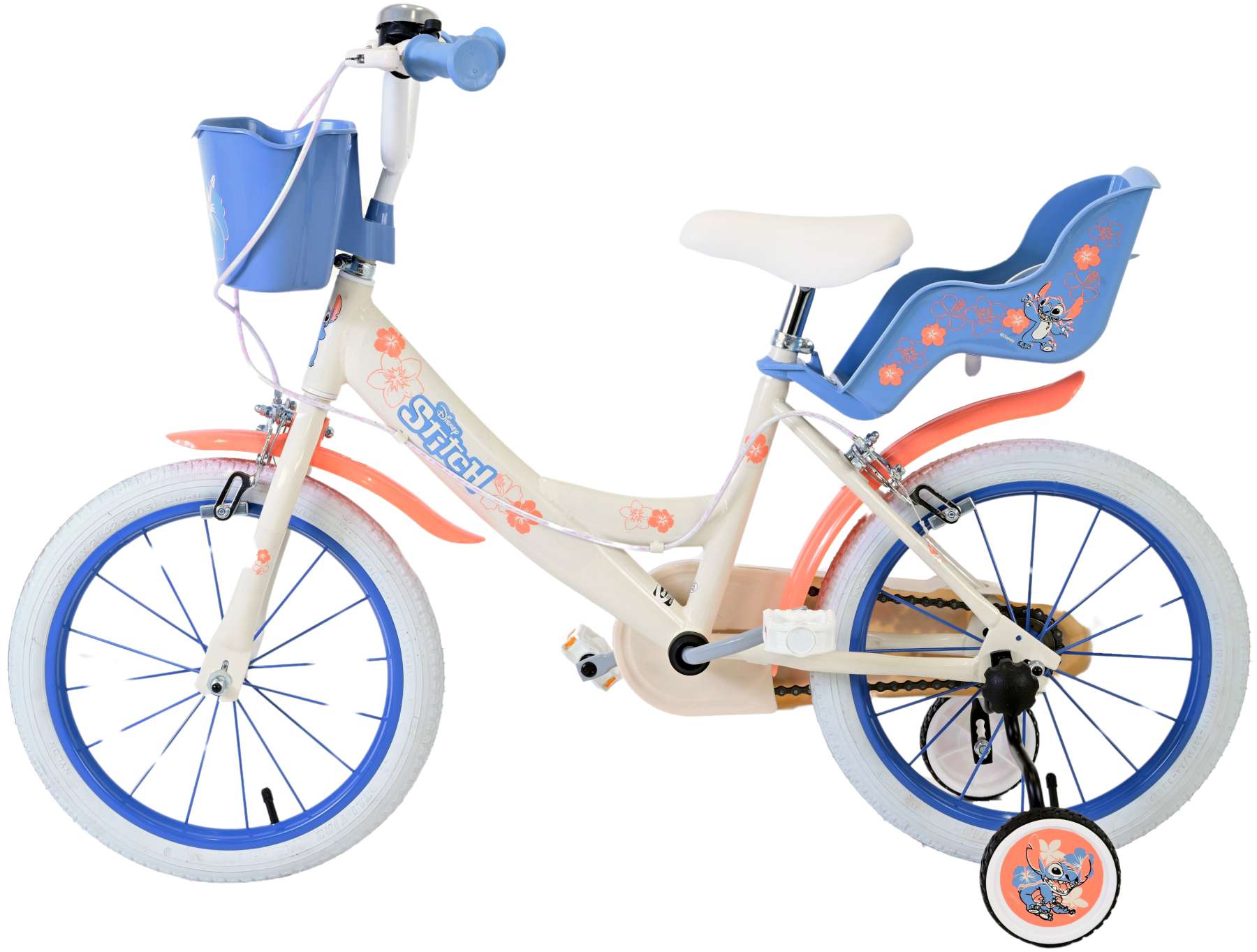 Disney Stitch Kinderfiets - Meisjes - 16 inch - Creme Koraal Blauw - Twee handremmen