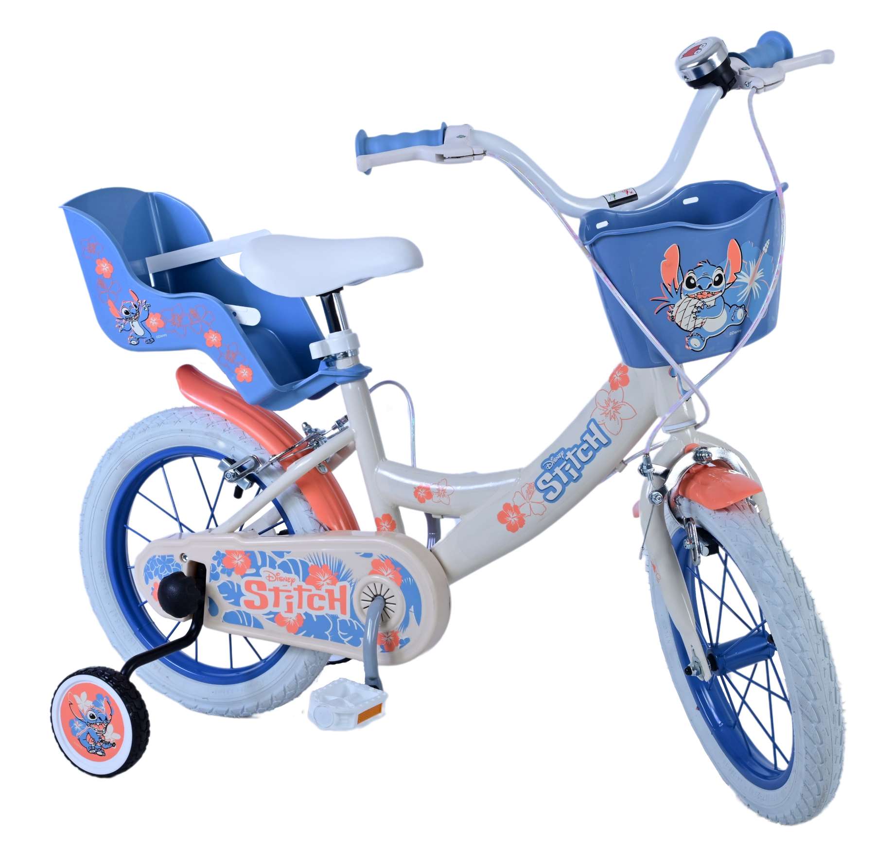Disney Stitch Kinderfiets - Meisjes - 14 inch - Creme Koraal Blauw - Twee handremmen