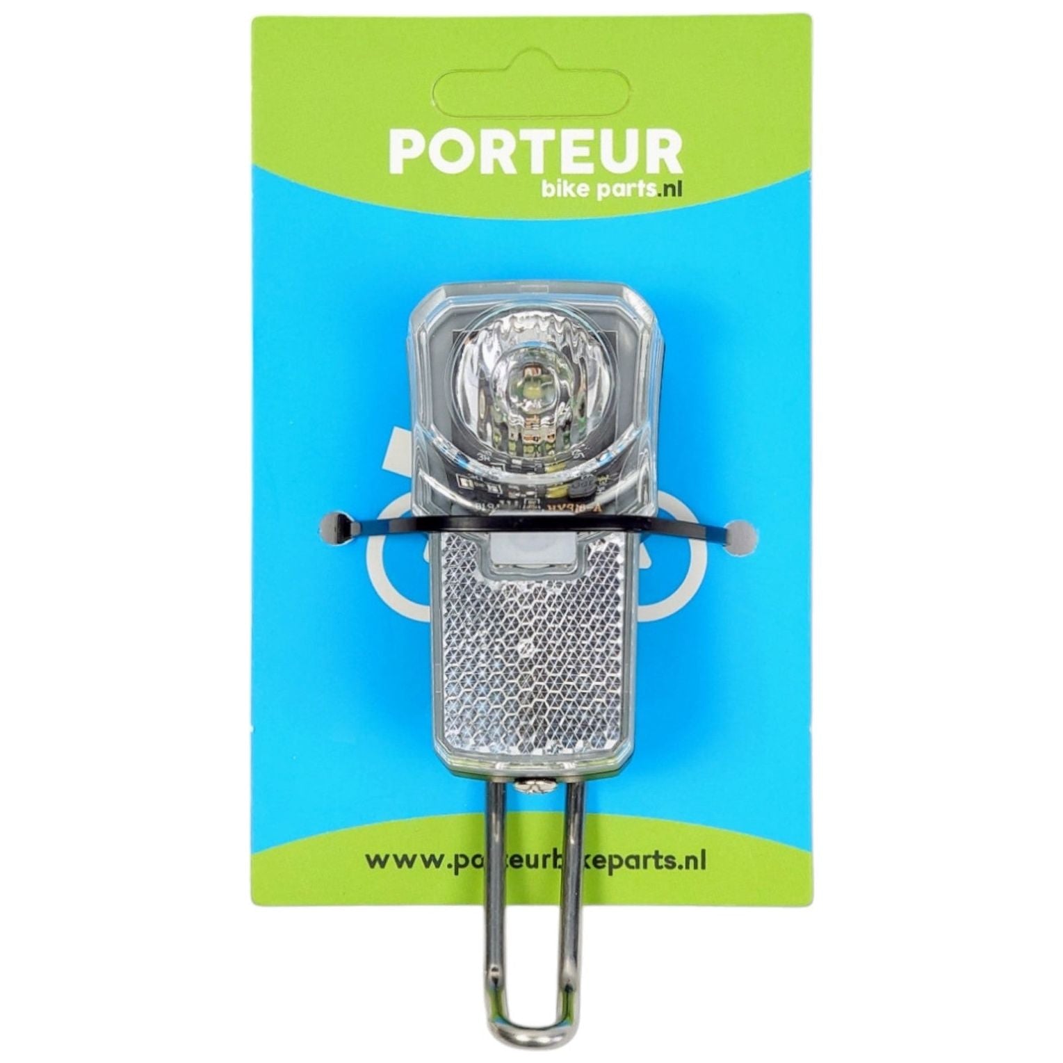 Porteur koplamp met RVS beugel duidelijk zichtbaar